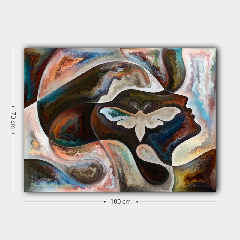 Canvastavla 70x100 cm - Abstrakt skildring av en ansiktsprofil med en fjäril som centralt motiv - Mörkbrun / Beige / Turkos - Inredning & dekor - Tavlor & konst - Canvastavla