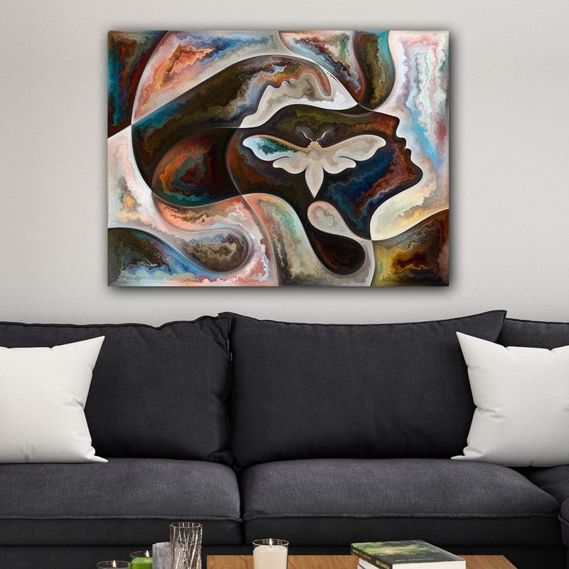 Canvastavla 70x100 cm - Abstrakt skildring av en ansiktsprofil med en fjäril som centralt motiv - Mörkbrun / Beige / Turkos - Inredning & dekor - Tavlor & konst - Canvastavla