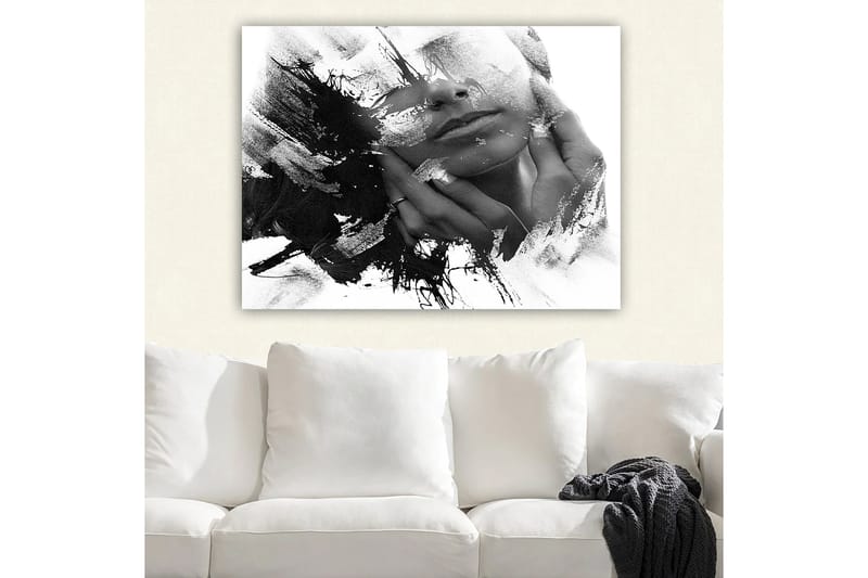 Canvastavla 70x100 cm - Abstrakt skildring av en ansiktsprofil med händer som rör vid ansiktet, Svart / Vitt / Grått