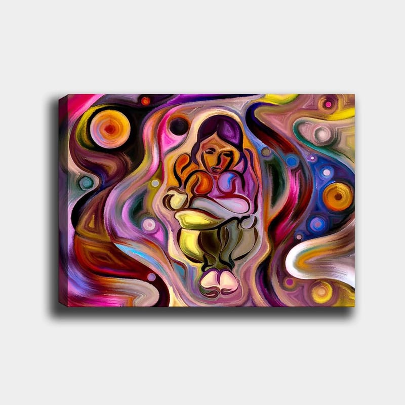 Canvastavla 70x100 cm - Abstrakt skildring av en kvinna som håller ett barn i famnen, omgiven av färgglada svängningar och former - Rosa / Gult / Grönt - Inredning & dekor - Tavlor & konst - Canvastavla
