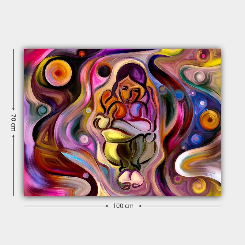 Canvastavla 70x100 cm - Abstrakt skildring av en kvinna som håller ett barn i famnen, omgiven av färgglada svängningar och former - Rosa / Gult / Grönt - Inredning & dekor - Tavlor & konst - Canvastavla
