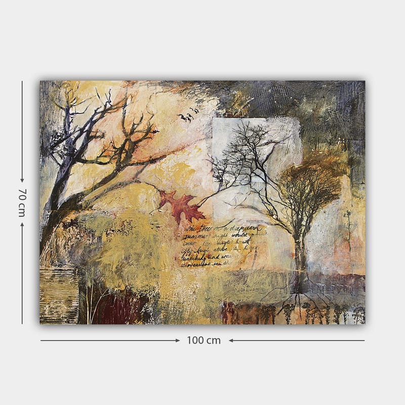 Canvastavla 70x100 cm - Abstrakt skildring av träd i höstlandskap med inslag av text och färgglada löv - Guld / Brun / Svart - Inredning & dekor - Tavlor & konst - Canvastavla
