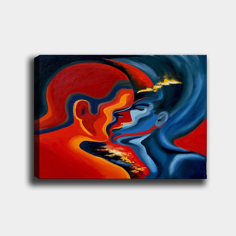 Canvastavla 70x100 cm - Abstrakt skildring av två ansikten som närmar sig varandra i en intensiv och känslomässig omfamning, Röd / Blå / Svart