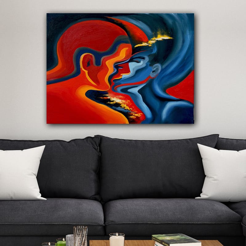Canvastavla 70x100 cm - Abstrakt skildring av två ansikten som närmar sig varandra i en intensiv och känslomässig omfamning - Röd / Blå / Svart - Inredning & dekor - Tavlor & konst - Canvastavla