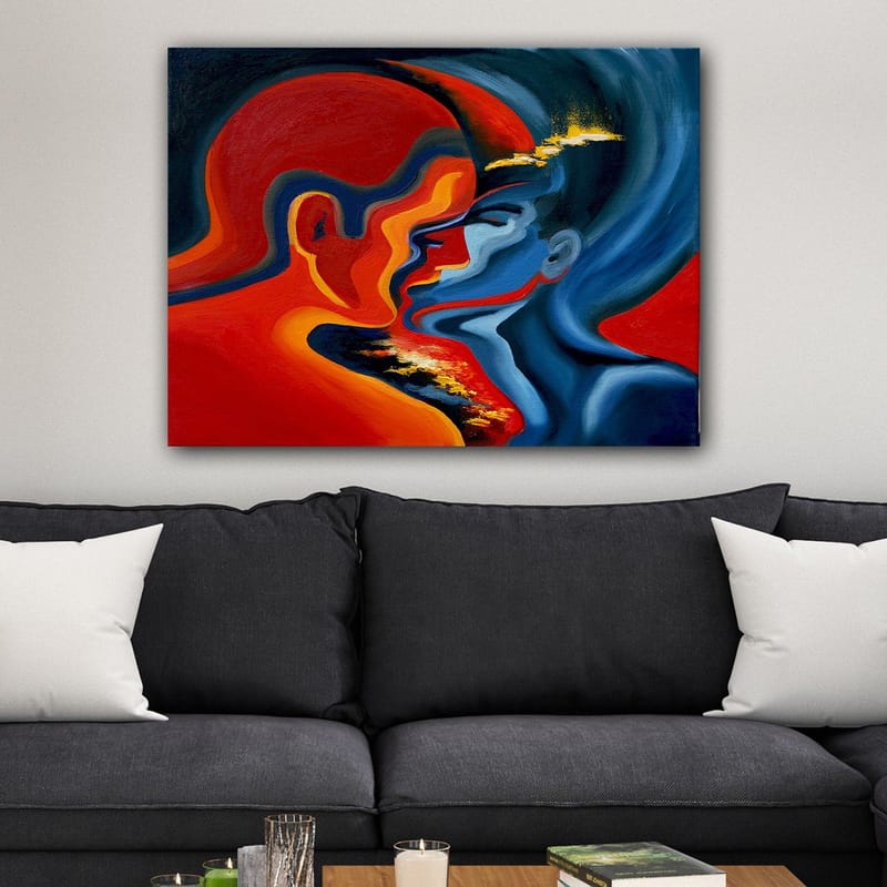 Canvastavla 70x100 cm - Abstrakt skildring av två ansikten som närmar sig varandra i en intensiv och känslomässig omfamning - Röd / Blå / Svart - Inredning & dekor - Tavlor & konst - Canvastavla