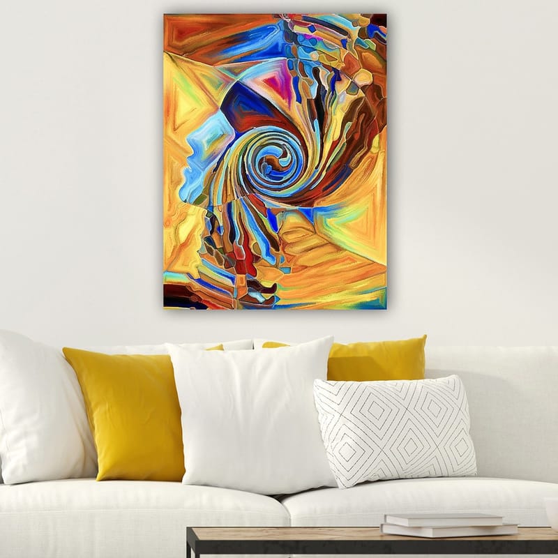 Canvastavla 70x100 cm - Abstrakt skulptur som föreställer en spiralformad ansiktsprofil i varma färger - Orange / Blå / Brun - Inredning & dekor - Tavlor & konst - Canvastavla