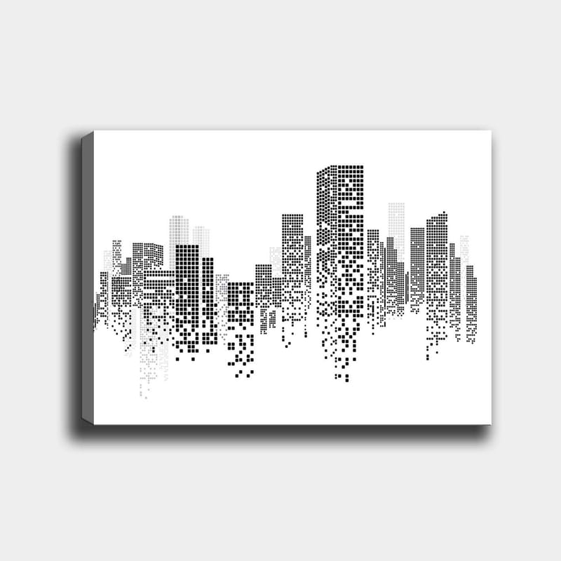 Canvastavla 70x100 cm - Abstrakt stadslandskap i svart och vitt med pixelmönster, Svart / Vitt / Grått