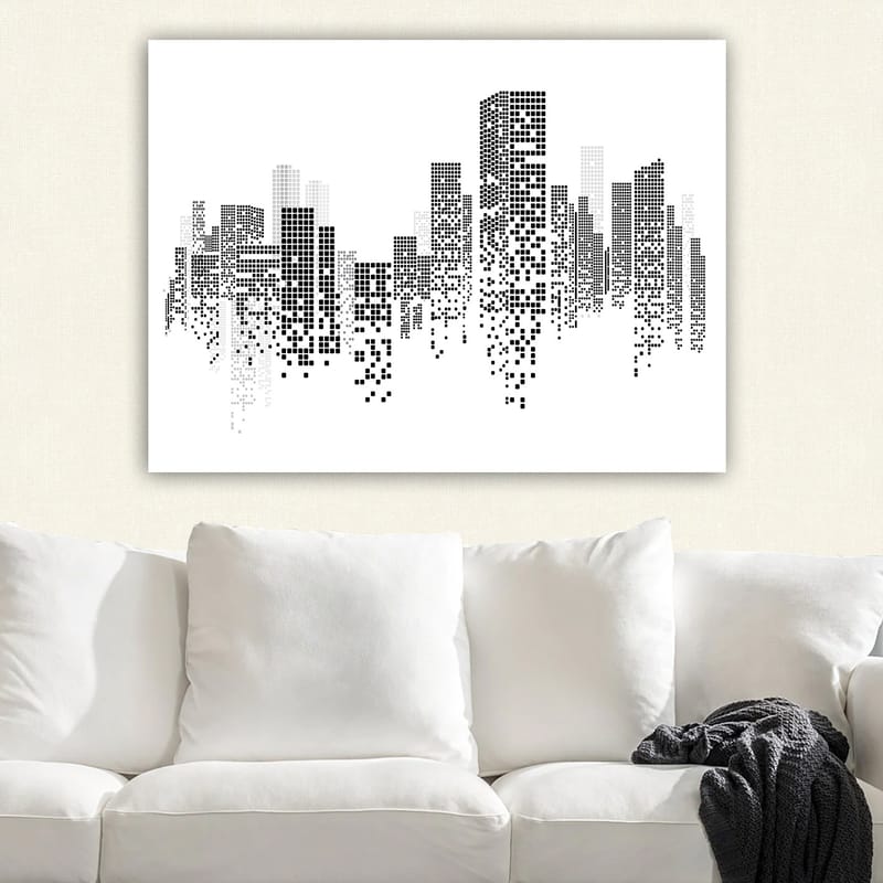 Canvastavla 70x100 cm - Abstrakt stadslandskap i svart och vitt med pixelmönster - Svart / Vitt / Grått - Inredning & dekor - Tavlor & konst - Canvastavla