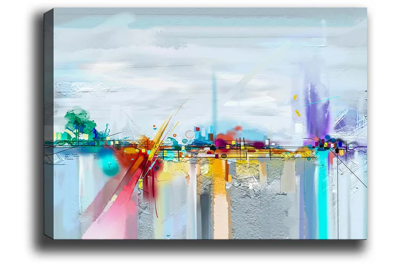 Canvastavla 70x100 cm - Abstrakt stadssilhuett med färgglada inslag och reflektioner - Blå / Lila / Orange - Inredning & dekor - Tavlor & konst - Canvastavla