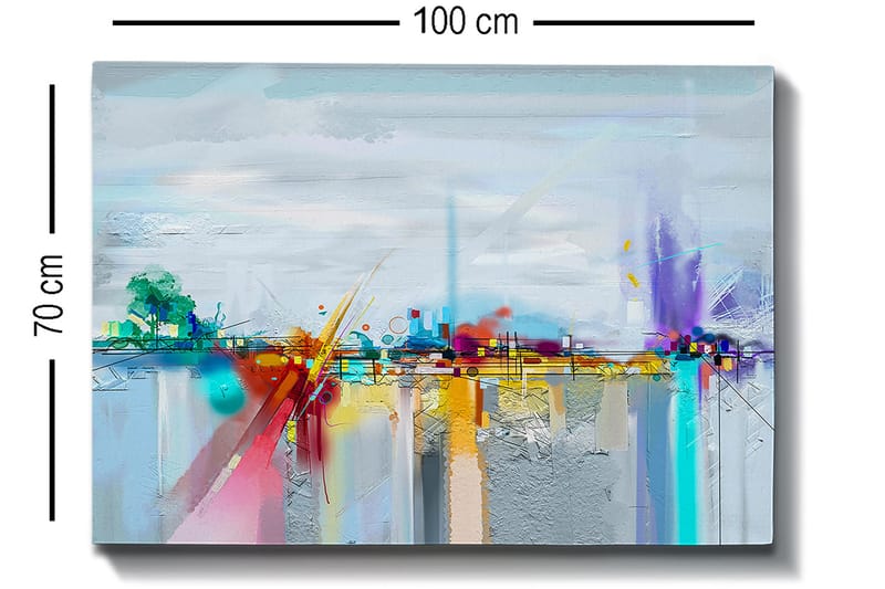Canvastavla 70x100 cm - Abstrakt stadssilhuett med färgglada inslag och reflektioner - Blå / Lila / Orange - Inredning & dekor - Tavlor & konst - Canvastavla