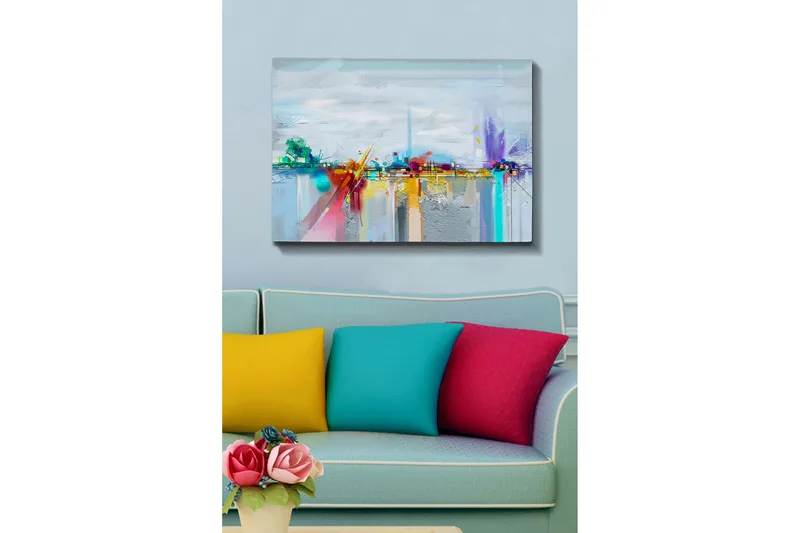 Canvastavla 70x100 cm - Abstrakt stadssilhuett med färgglada inslag och reflektioner, Blå / Lila / Orange