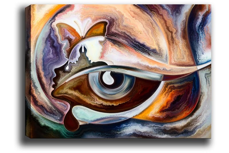 Canvastavla 70x100 cm - Abstrakt tolkning av ett öga med inslag av en fjäril och en ansiktsprofil - Blå / Brun / Orange - Inredning & dekor - Tavlor & konst - Canvastavla