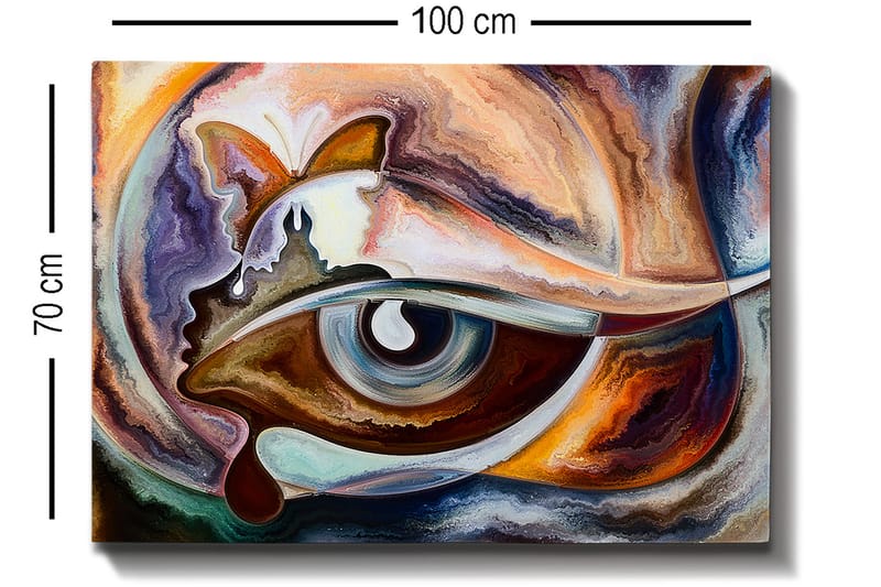 Canvastavla 70x100 cm - Abstrakt tolkning av ett öga med inslag av en fjäril och en ansiktsprofil - Blå / Brun / Orange - Inredning & dekor - Tavlor & konst - Canvastavla