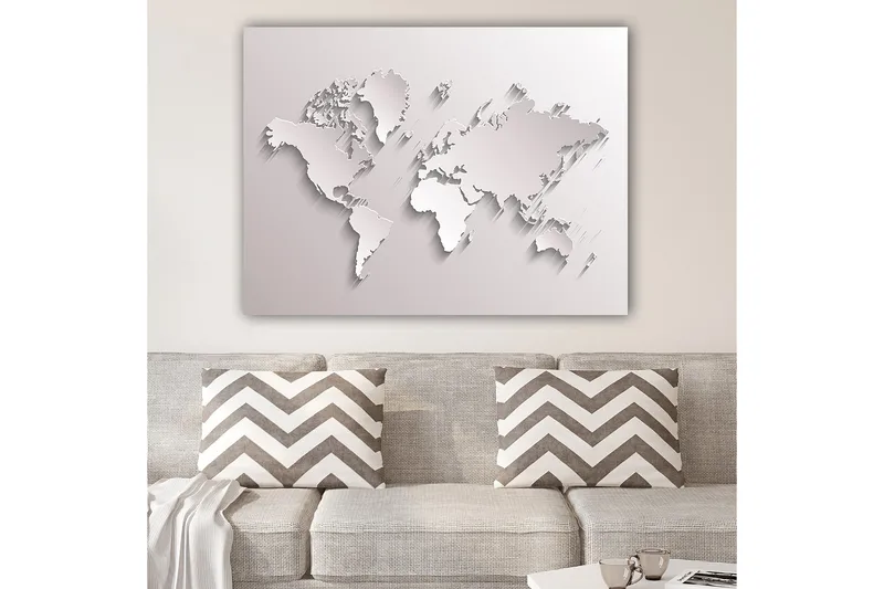Canvastavla 70x100 cm - Abstrakt världskarta i skulptural stil, Vit / Ljusgrå