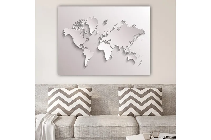 Canvastavla 70x100 cm - Abstrakt världskarta i skulptural stil, Vit / Ljusgrå