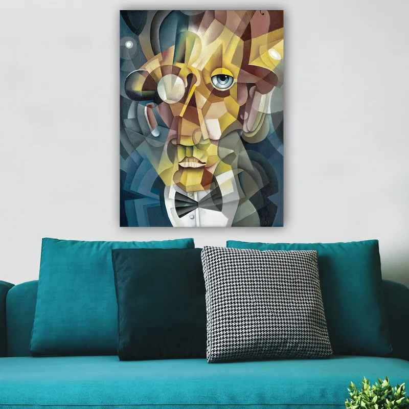 Canvastavla 70x100 cm - Abstrakt porträtt av en man med en elegant kostym och en uttrycksfull blick - Guld / Blå / Beige - Inredning & dekor - Tavlor & konst - Canvastavla