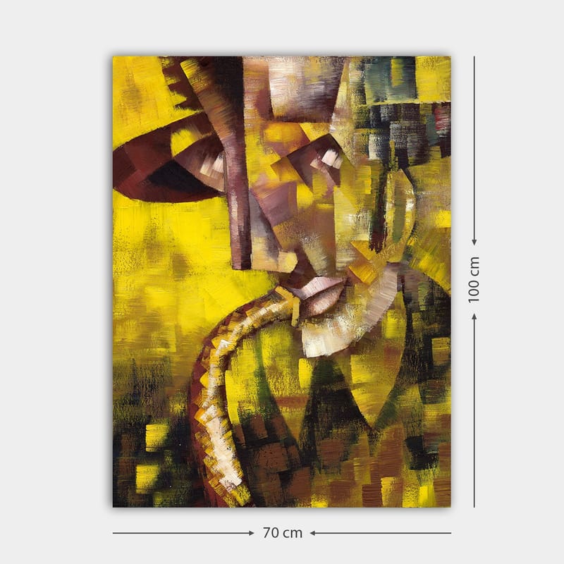 Canvastavla 70x100 cm - Abstrakt porträtt av en musiker som spelar saxofon, med fokus på ansiktets och instrumentets former - Gult / Brunt / Svart - Inredning & dekor - Tavlor & konst - Canvastavla