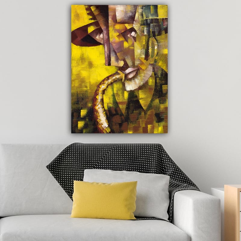 Canvastavla 70x100 cm - Abstrakt porträtt av en musiker som spelar saxofon, med fokus på ansiktets och instrumentets former - Gult / Brunt / Svart - Inredning & dekor - Tavlor & konst - Canvastavla
