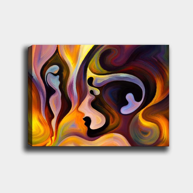 Canvastavla 70x100 cm - Abstrakt porträtt med sammansmälta ansiktsformer och färger som uttrycker känslor, Mörk lila / Orange / Ljusblå