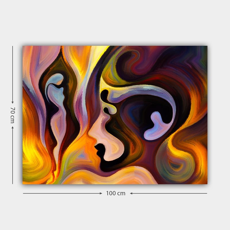 Canvastavla 70x100 cm - Abstrakt porträtt med sammansmälta ansiktsformer och färger som uttrycker känslor - Mörk lila / Orange / Ljusblå - Inredning & dekor - Tavlor & konst - Canvastavla