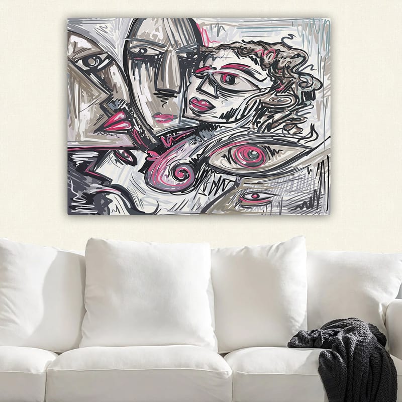 Canvastavla 70x100 cm - Abstrakt porträtt av ansikten med känslomässiga uttryck - Grå / Rosa / Svart - Inredning & dekor - Tavlor & konst - Canvastavla