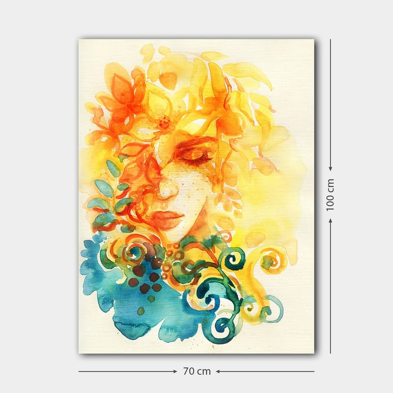 Canvastavla 70x100 cm - Abstrakt porträtt av en kvinna med blommor och löv i gult och orange - Gult / Orange / Blått - Inredning & dekor - Tavlor & konst - Canvastavla