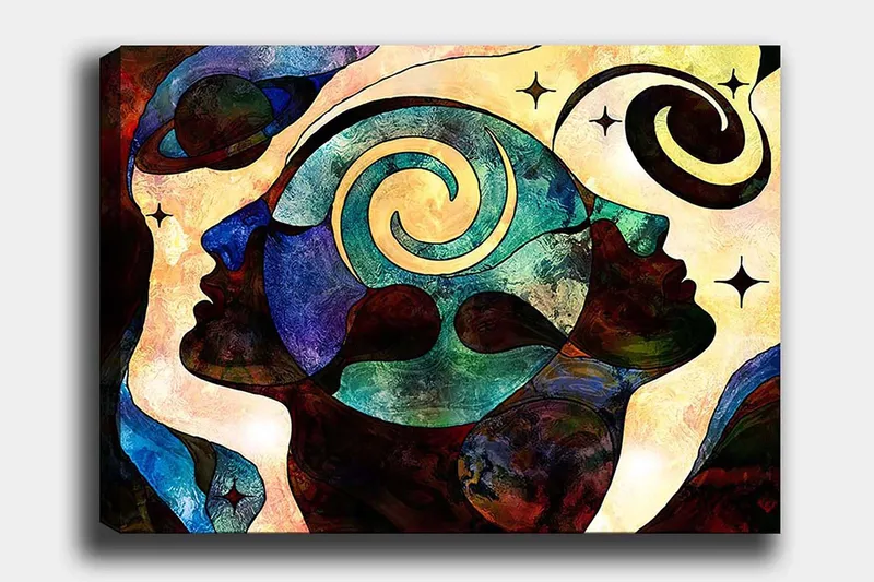 Canvastavla 70x100 cm - Abstrakt porträtt av ansikten med spiralmotiv som symboliserar tankar och känslor, Mörkblå / Grön / Brun