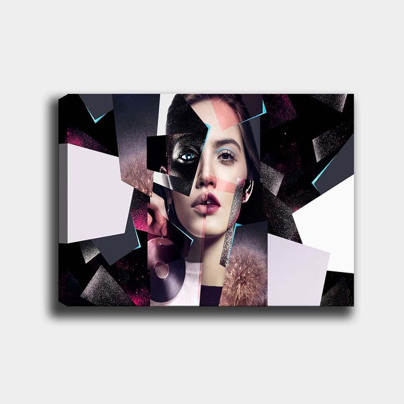 Canvastavla 70x100 cm - Abstrakt porträttkomposition av en kvinna med geometriska former och kontrasterande färger - Svart / Vit / Rosa - Inredning & dekor - Tavlor & konst - Canvastavla