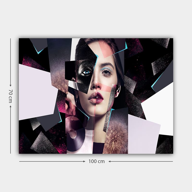Canvastavla 70x100 cm - Abstrakt porträttkomposition av en kvinna med geometriska former och kontrasterande färger - Svart / Vit / Rosa - Inredning & dekor - Tavlor & konst - Canvastavla