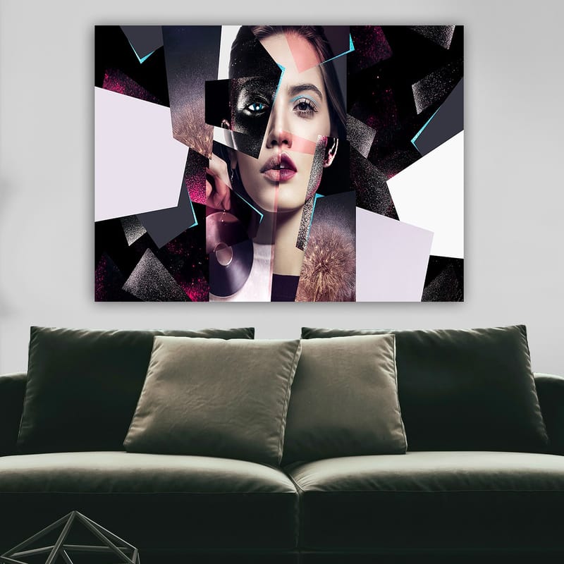 Canvastavla 70x100 cm - Abstrakt porträttkomposition av en kvinna med geometriska former och kontrasterande färger - Svart / Vit / Rosa - Inredning & dekor - Tavlor & konst - Canvastavla