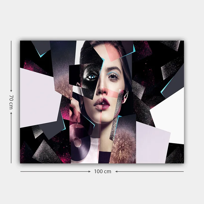 Canvastavla 70x100 cm - Abstrakt porträttkomposition av en kvinna med geometriska former och kontrasterande färger - Svart / Vit / Rosa - Inredning & dekor - Tavlor & konst - Canvastavla