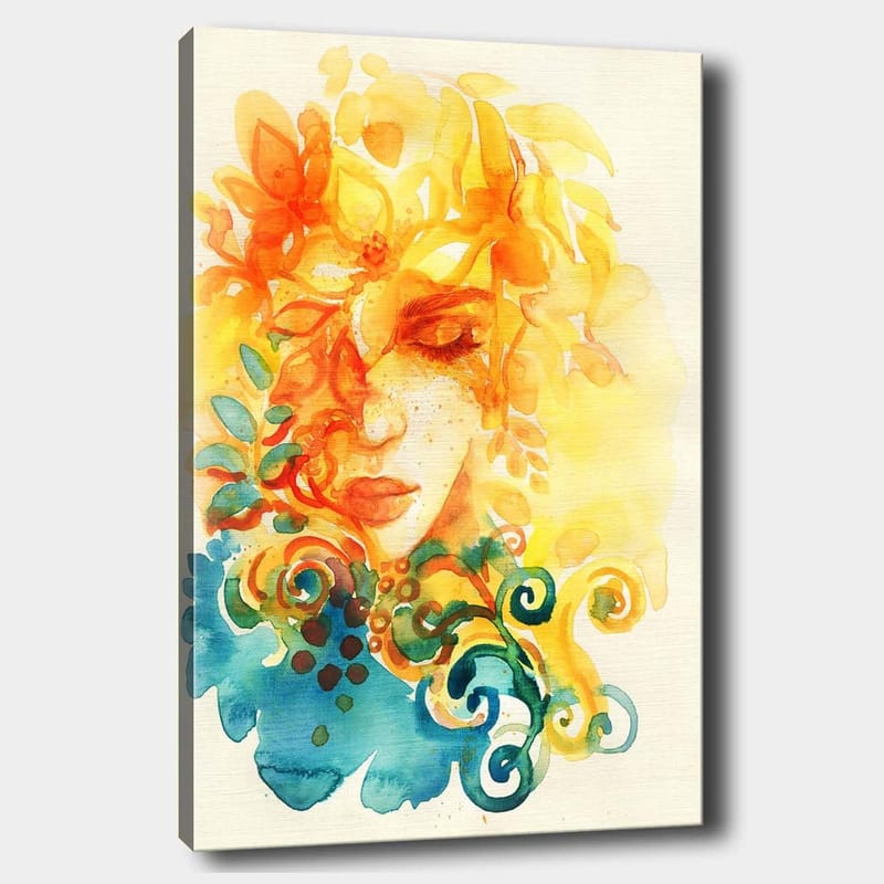 Canvastavla 70x100 cm - Abstrakt porträtt av en kvinna med blommor och löv i gult och orange, Gult / Orange / Blått