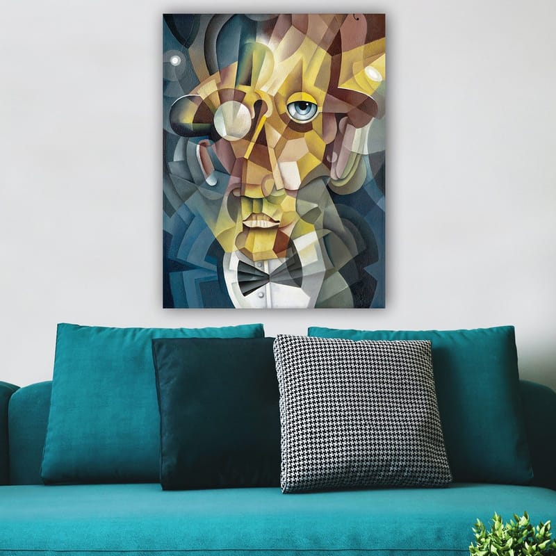 Canvastavla 70x100 cm - Abstrakt porträtt av en man med en elegant kostym och en uttrycksfull blick - Guld / Blå / Beige - Inredning & dekor - Tavlor & konst - Canvastavla