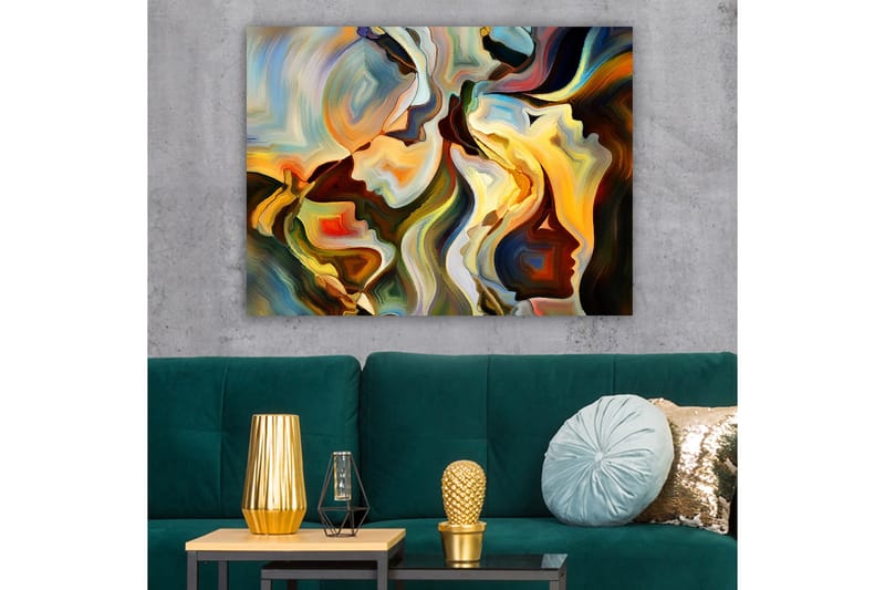 Canvastavla 70x100 cm - Abstrakt porträtt av ansikten som smälter samman i en dynamisk komposition - Guld / Mörkgrön / Röd - Inredning & dekor - Tavlor & konst - Canvastavla