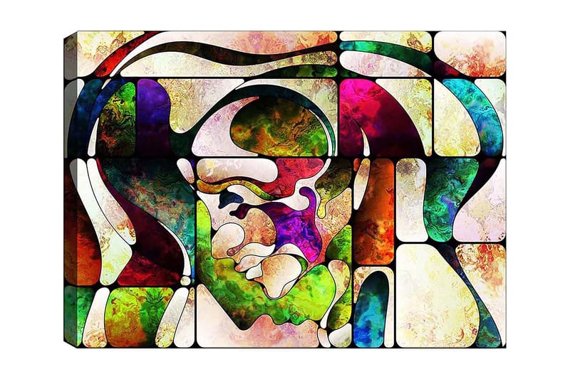 Canvastavla 70x100 cm - Abstrakt porträtt med färgglada former och linjer, Grön / Röd / Lila