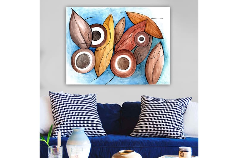 Canvastavla 70x100 cm - Abstrakta former av blad och cirklar i harmoniska färger - Brun / Beige / Vit - Inredning & dekor - Tavlor & konst - Canvastavla
