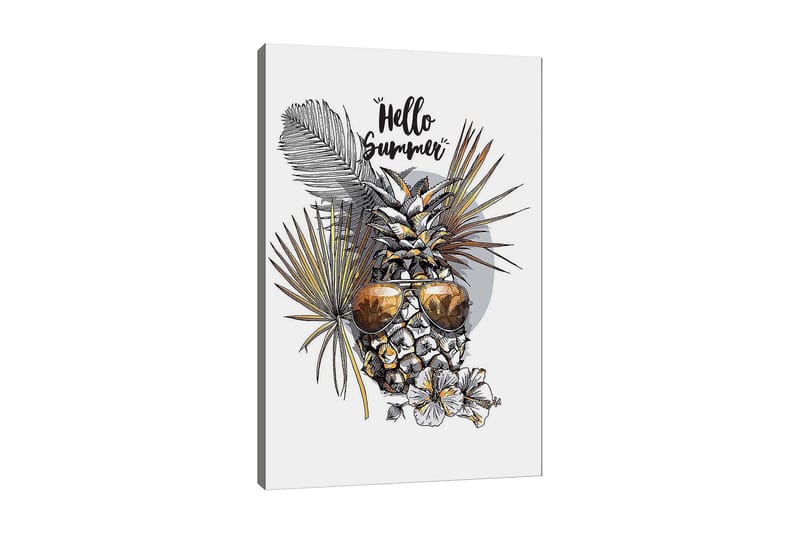 Canvastavla 70x100 cm - Ananas med solglasögon omgiven av tropiska växter och blommor, med texten Hello Summer, Guld / Grön / Vit