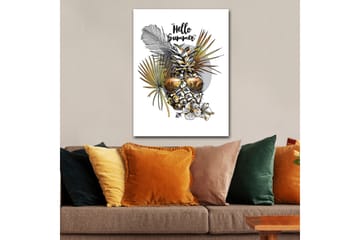 Canvastavla 70x100 cm - Ananas med solglasögon omgiven av tropiska växter och blommor, med texten Hello Summer - Guld / Grön / Vit - Inredning & dekor - Tavlor & konst - Canvastavla