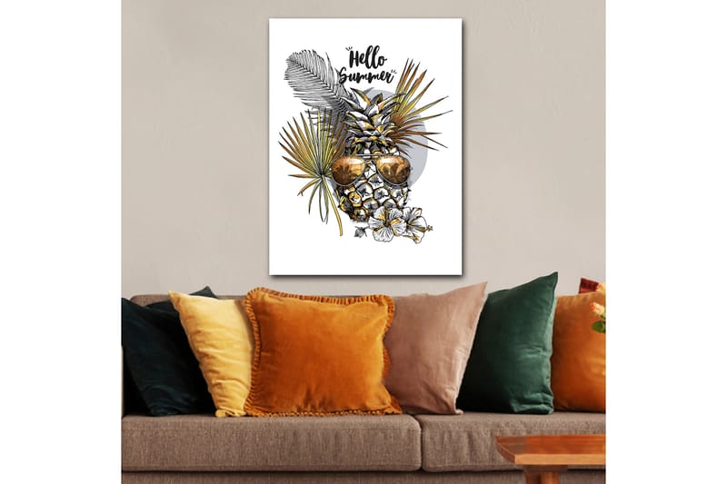 Canvastavla 70x100 cm - Ananas med solglasögon omgiven av tropiska växter och blommor, med texten Hello Summer - Guld / Grön / Vit - Inredning & dekor - Tavlor & konst - Canvastavla