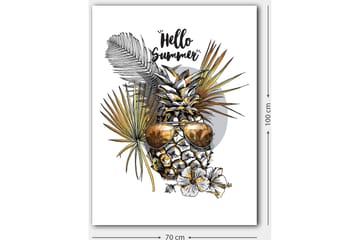 Canvastavla 70x100 cm - Ananas med solglasögon omgiven av tropiska växter och blommor, med texten Hello Summer - Guld / Grön / Vit - Inredning & dekor - Tavlor & konst - Canvastavla