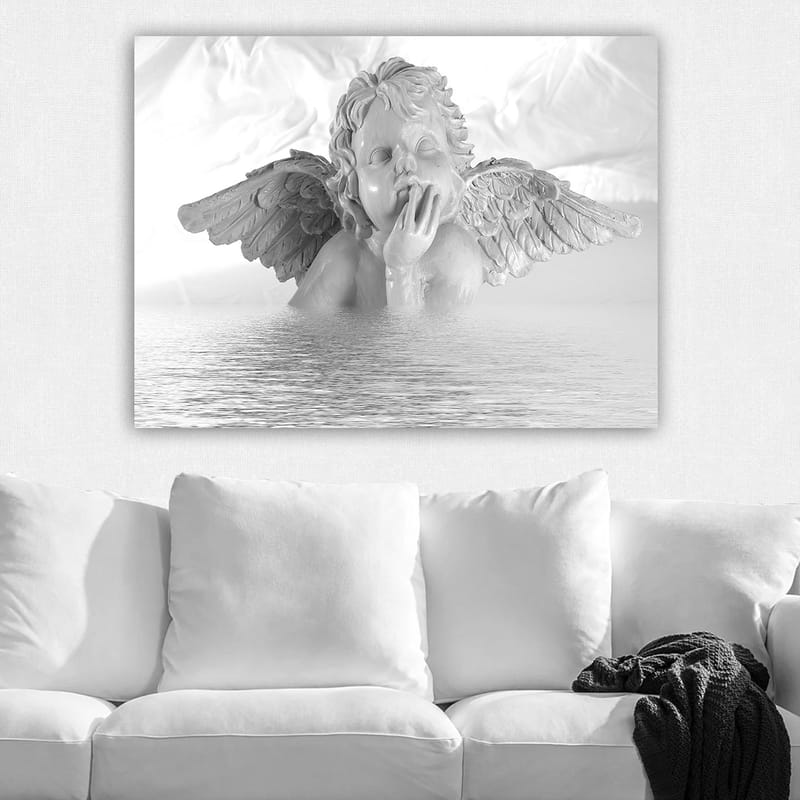 Canvastavla 70x100 cm - Ängel med en eftertänksam pose som delvis är nedsänkt i vatten - Vit / Ljusgrå - Inredning & dekor - Tavlor & konst - Canvastavla