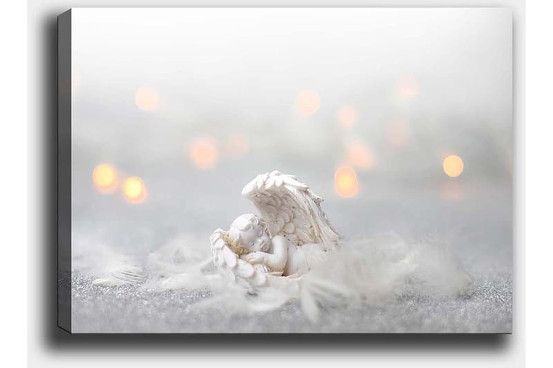 Canvastavla 70x100 cm - Ängel som vilar på ett mjukt underlag, omgiven av ljusa och drömlika element - Vit / Ljusgrå - Inredning & dekor - Tavlor & konst - Canvastavla