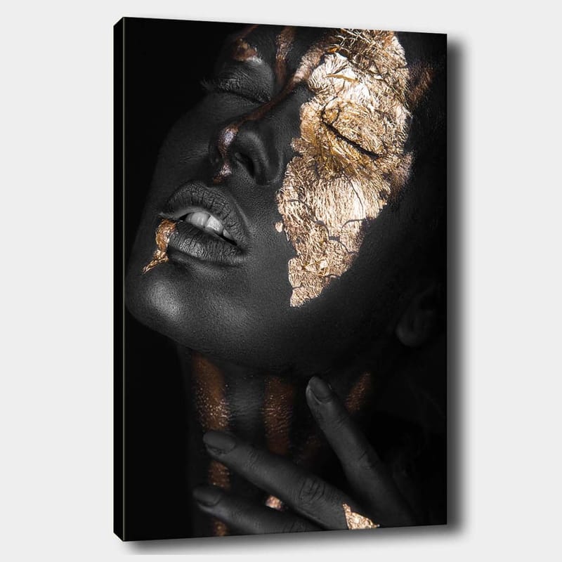 Canvastavla 70x100 cm - Ansiktsporträtt med guldblad som framhäver ansiktets konturer och uttryck, Svart / Guld