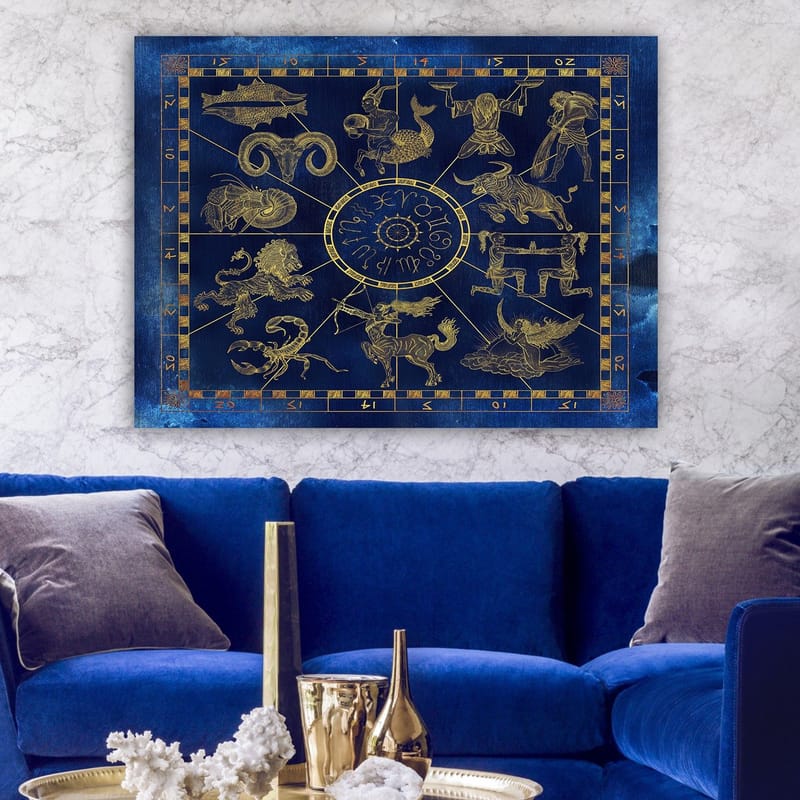 Canvastavla 70x100 cm - Astrologisk karta med zodiakens tolv tecken i guld mot en djupblå bakgrund - Djupblå / Guld - Inredning & dekor - Tavlor & konst - Canvastavla