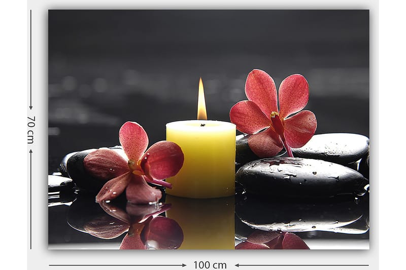 Canvastavla 70x100 cm - Avkopplande komposition med en tänd ljuslykta, svarta stenar och rosa blommor - Gul / Rosa / Svart - Inredning & dekor - Tavlor & konst - Canvastavla