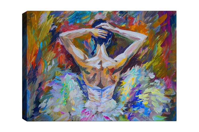 Canvastavla 70x100 cm - Balettdans ös sedd bakifrån med uppsatt hår och en elegant klänning i ljusa färger, Vit / Ljusblå / Orange