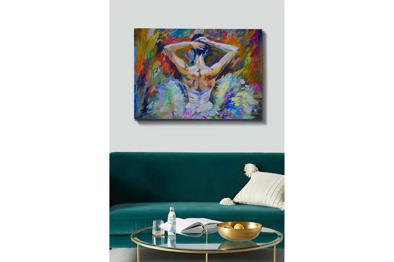 Canvastavla 70x100 cm - Balettdansös sedd bakifrån med uppsatt hår och en elegant klänning i ljusa färger - Vit / Ljusblå / Orange - Inredning & dekor - Tavlor & konst - Canvastavla