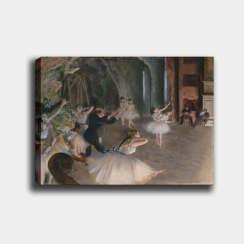 Canvastavla 70x100 cm - Balettföreställning med dansare i tutus som övar under ledning av en koreograf, Ljusblå / Vit / Beige