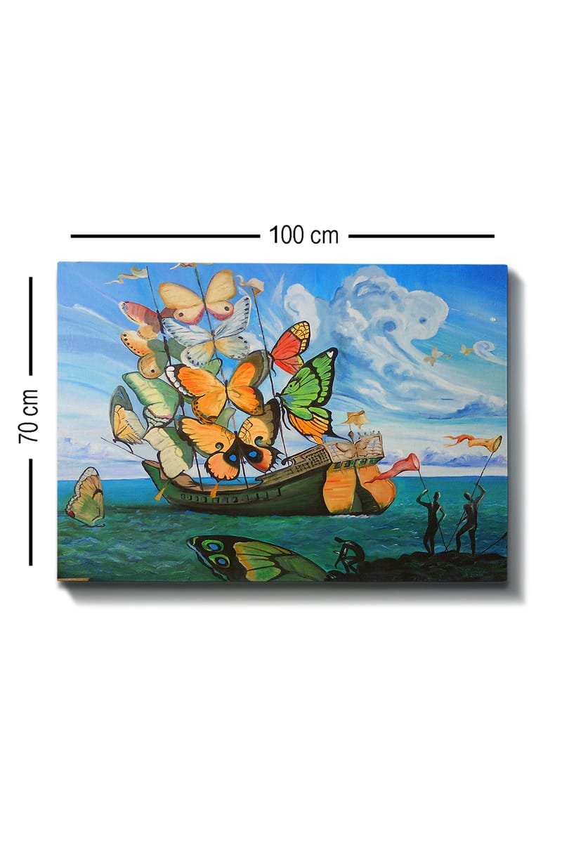 Canvastavla 70x100 cm - Båt fylld med färgglada fjärilar svävar över havet - Orange / Grön / Blå - Inredning & dekor - Tavlor & konst - Canvastavla