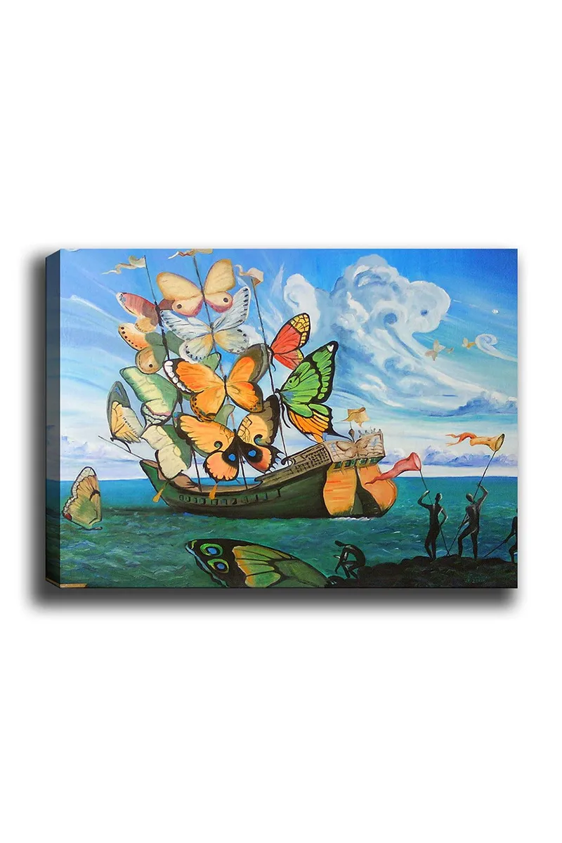 Canvastavla 70x100 cm - Båt fylld med färgglada fjärilar svävar över havet - Orange / Grön / Blå - Inredning & dekor - Tavlor & konst - Canvastavla